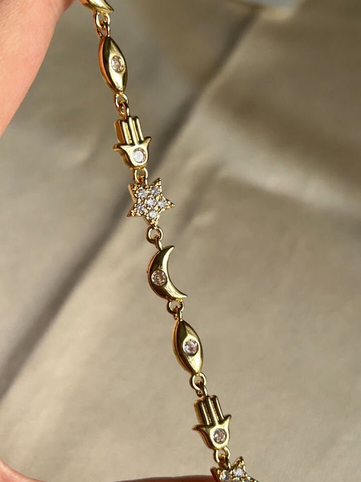 Hamsa, Ay ve Yıldız Bileklik ( altın renk )
